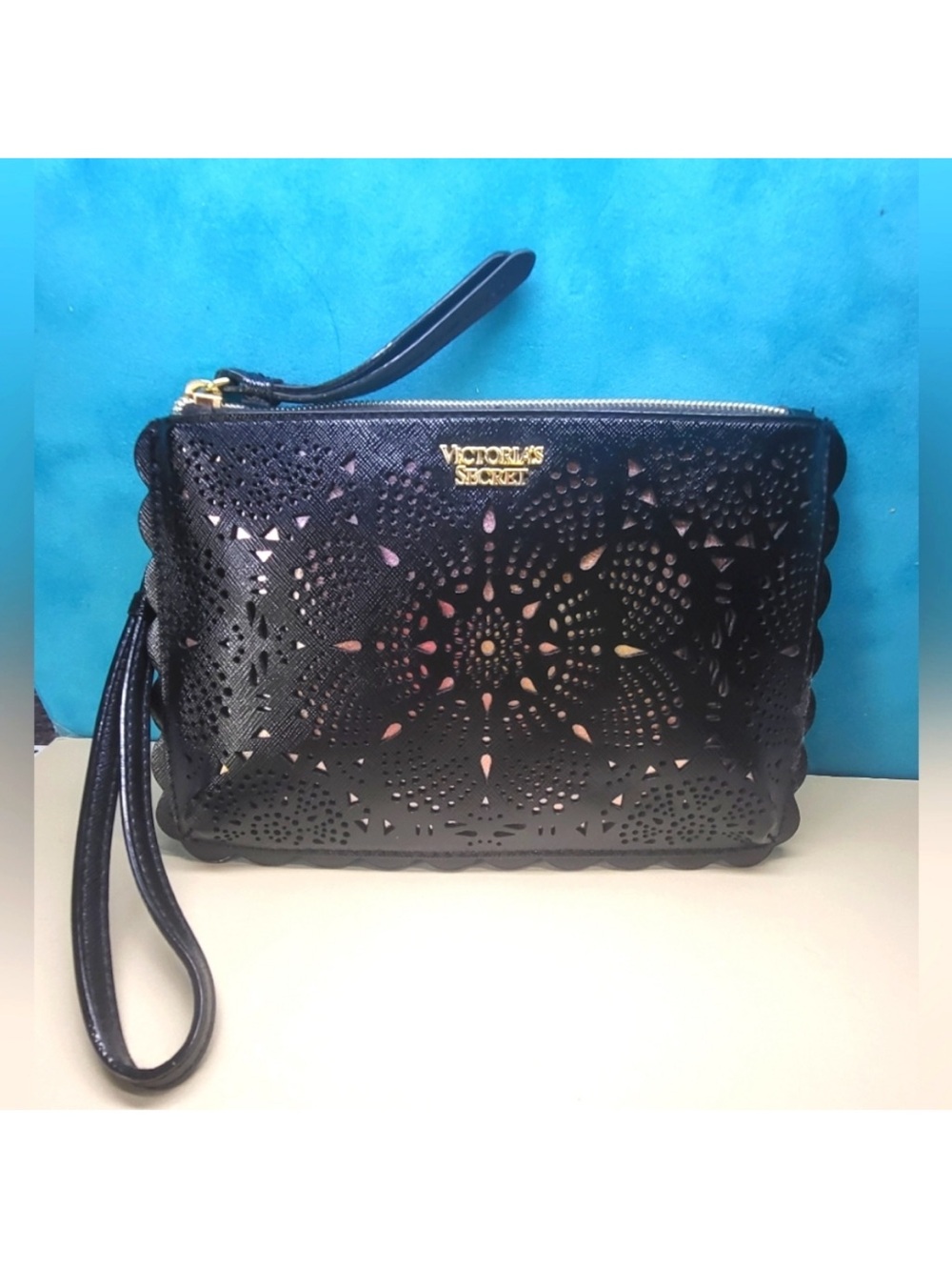 Victoria's Secret Black Laser-Cut Wristlet with Gold Logo
